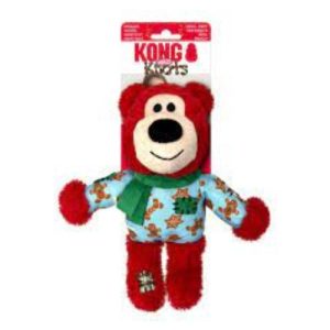 "Juguete navideño para perros Kong Holiday Knots Bear en tamaño mediano y grande, oso de peluche resistente con cuerda anudada y sonido incorporado, ideal para morder y jugar durante las fiestas."