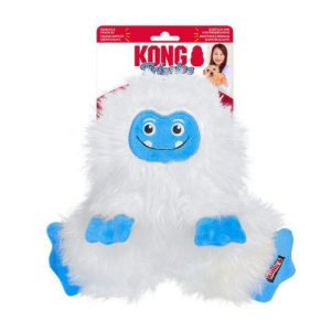 Juguete para perros Kong Holiday Frizzle Yeti con diseño navideño de Yeti blanco y detalles coloridos. Incluye cuerdas resistentes para morder y textura suave ideal para tirar y sacudir. Perfecto para el entretenimiento de los perros durante la temporada festiva.